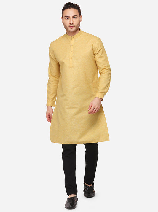 Yellow Self Textured Regular Fit Modi Kurta | JadeBlue