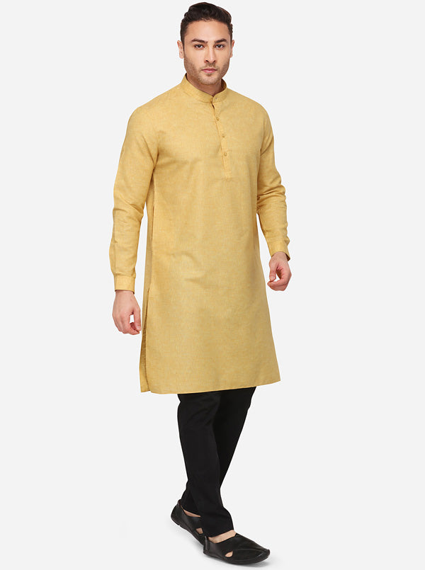 Yellow Self Textured Regular Fit Modi Kurta | JadeBlue