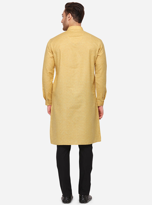 Yellow Self Textured Regular Fit Modi Kurta | JadeBlue