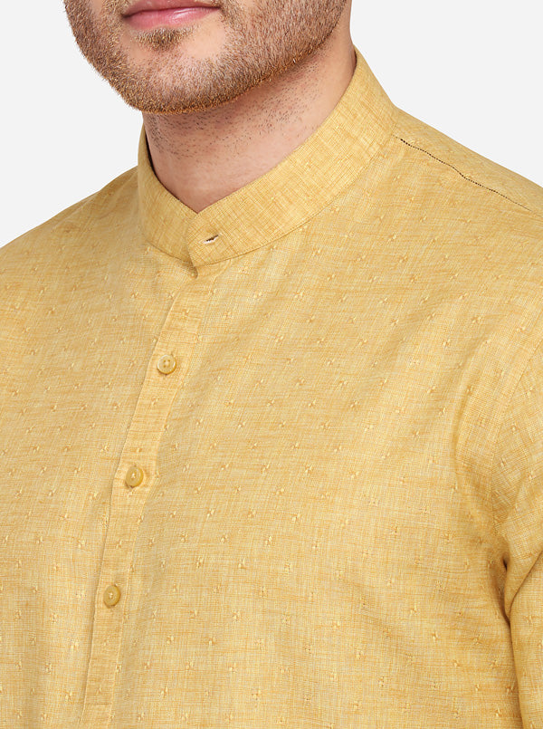 Yellow Self Textured Regular Fit Modi Kurta | JadeBlue