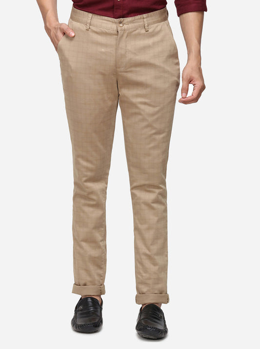 Khaki Checked Super Slim Fit Casual Trouser | Greenfibre