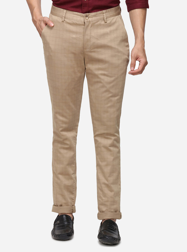 Khaki Checked Super Slim Fit Casual Trouser | Greenfibre