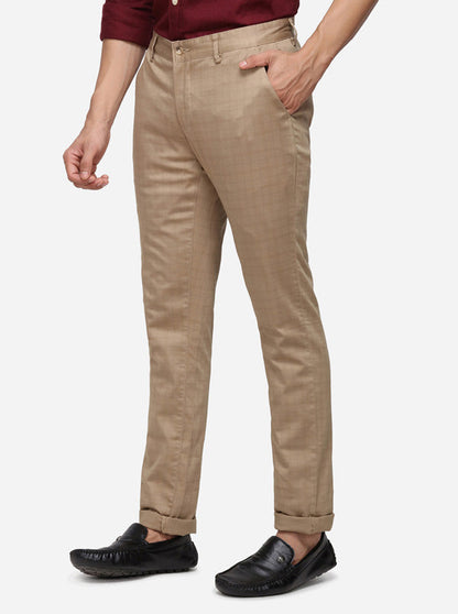 Khaki Checked Super Slim Fit Casual Trouser | Greenfibre