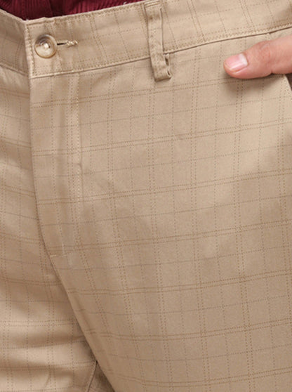 Khaki Checked Super Slim Fit Casual Trouser | Greenfibre