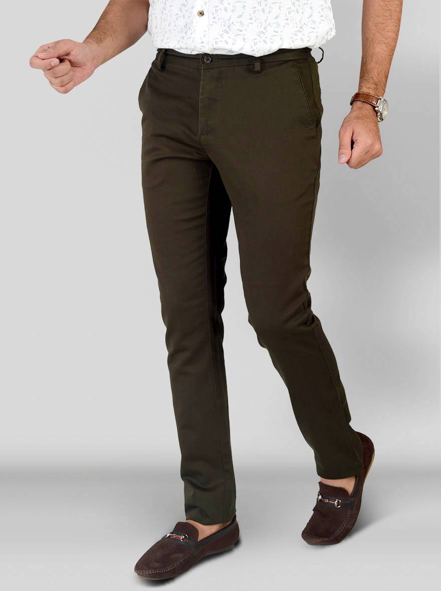 Olive Brown Self Textured Super Slim Fit Chinos | Greenfibre
