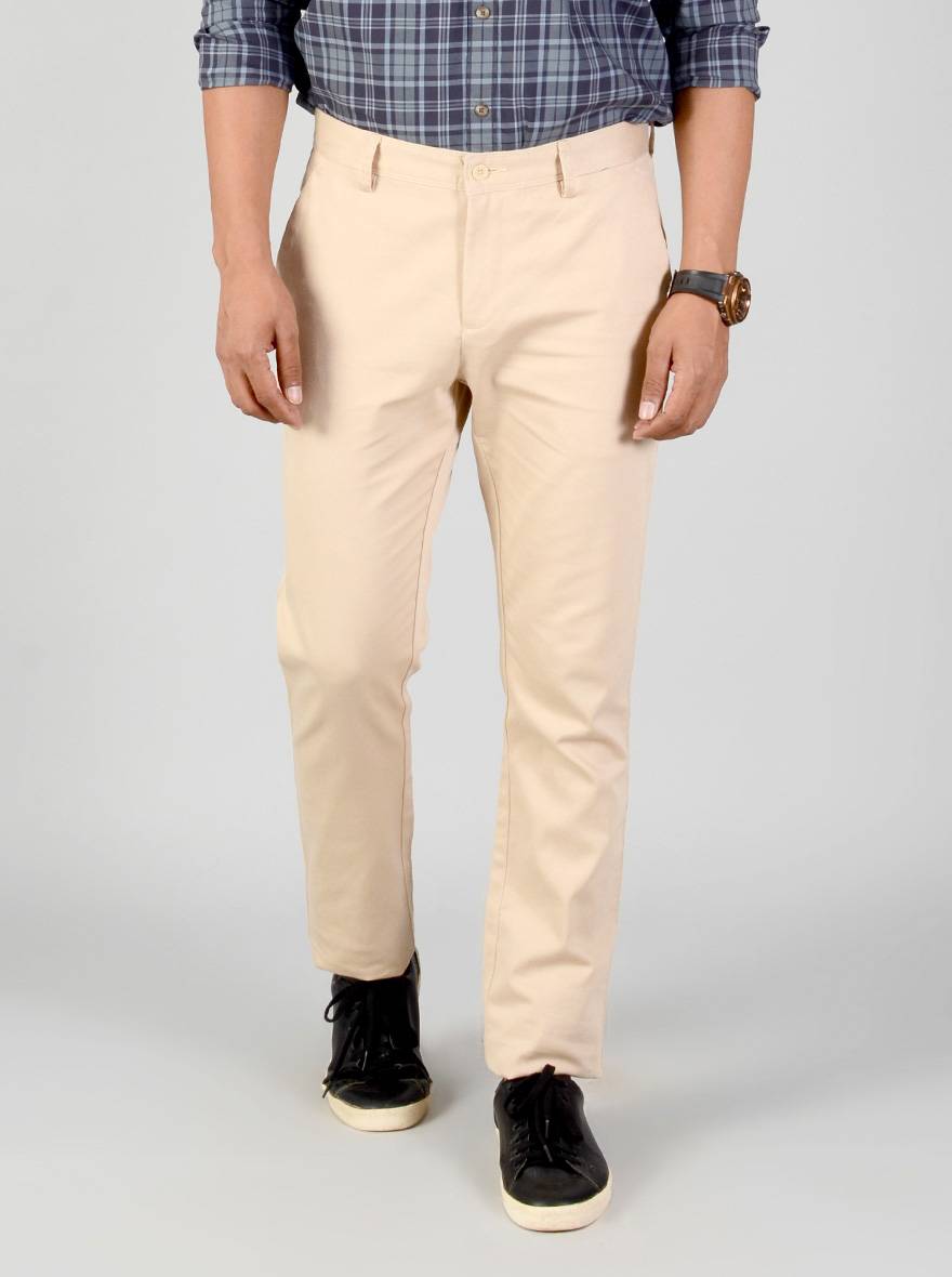 Stone Beige Self Textured Slim Fit Casual Trouser | Greenfibre