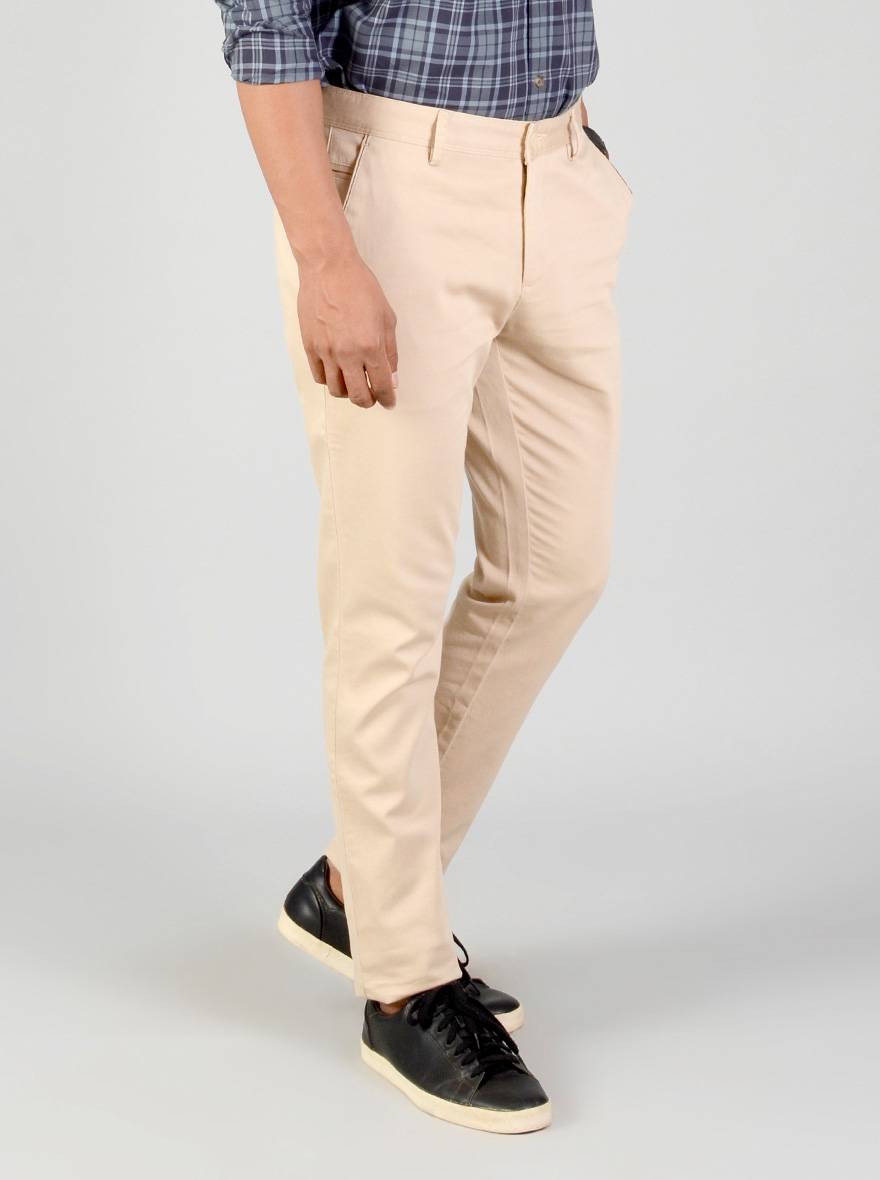 Stone Beige Self Textured Slim Fit Casual Trouser | Greenfibre