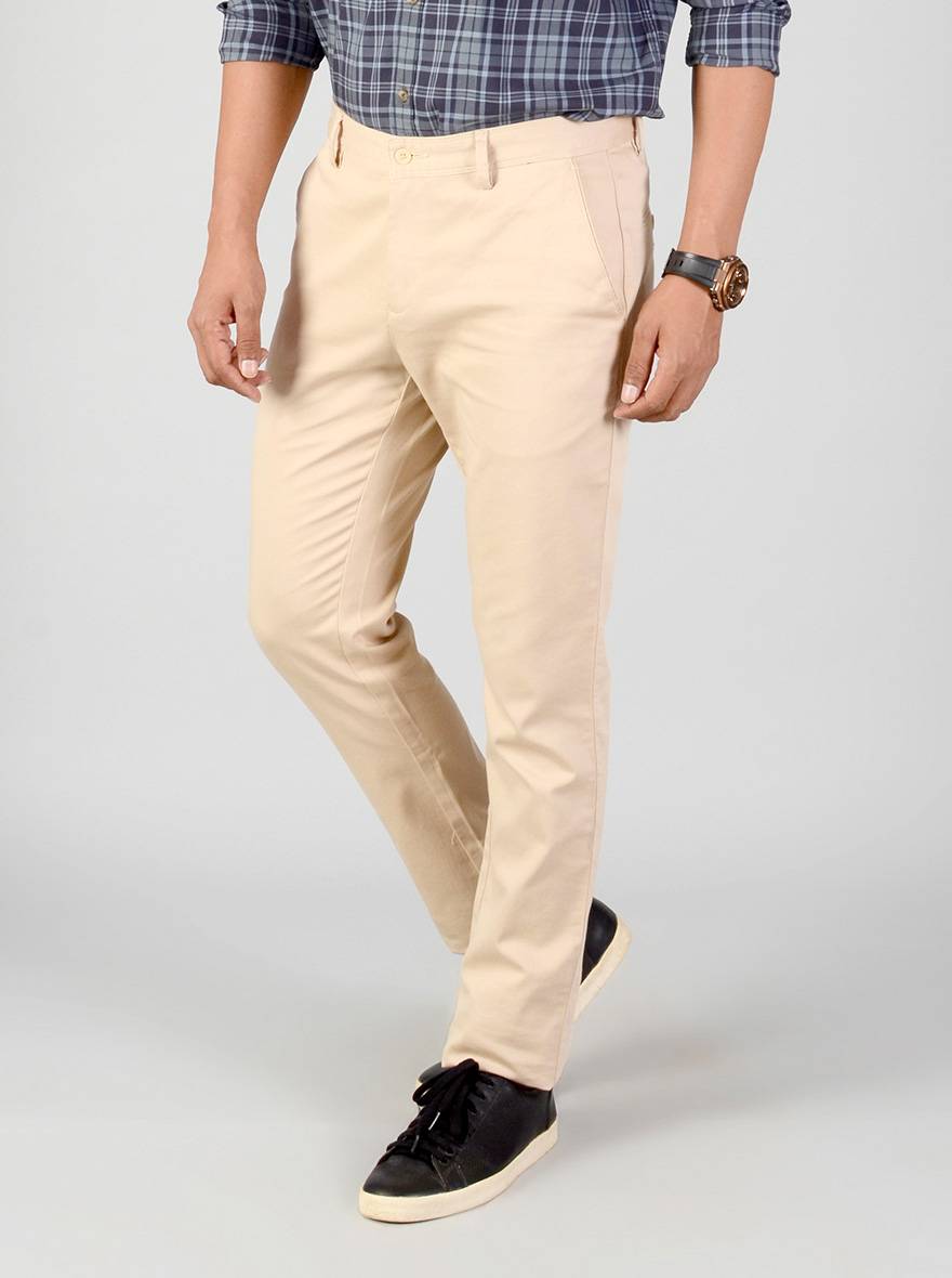 Stone Beige Self Textured Slim Fit Casual Trouser | Greenfibre