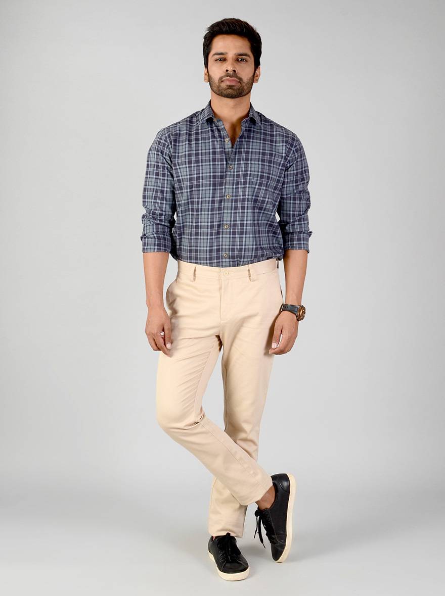 Stone Beige Self Textured Slim Fit Casual Trouser | Greenfibre