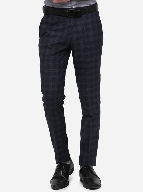 Blue Checked Super Slim Fit Formal Trouser | Greenfibre