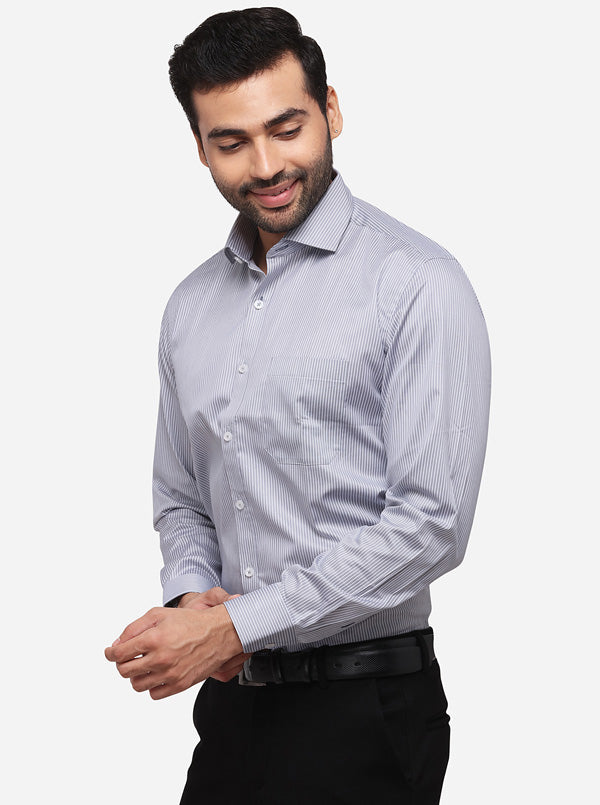 Grey & White Striped Regular Fit Formal Shirt | JadeBlue