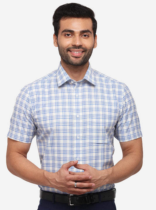 White & Blue Checked Regular Fit Formal Shirt | Greenfibre