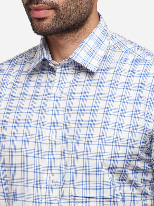 White & Blue Checked Regular Fit Formal Shirt | Greenfibre