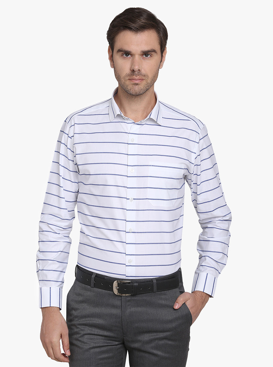 White & Blue Striped Slim Fit Formal Shirt | Metal