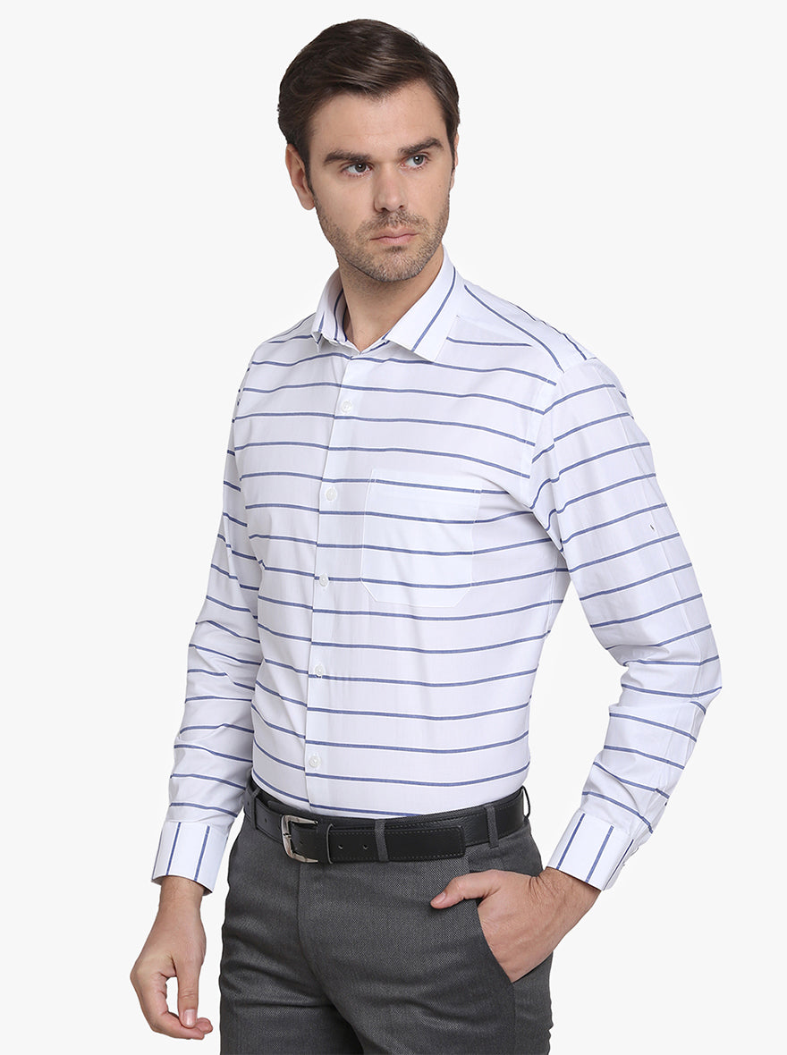 White & Blue Striped Slim Fit Formal Shirt | Metal