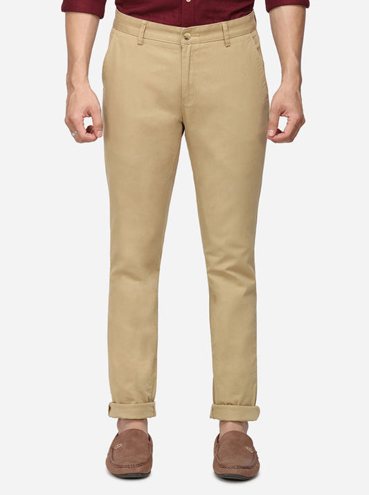 Khaki Solid Super Slim Fit Casual Trouser | Greenfibre