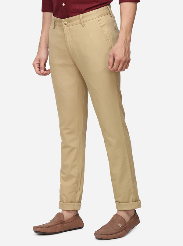 Khaki Solid Super Slim Fit Casual Trouser | Greenfibre