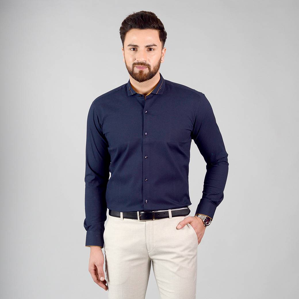 Deep Blue Self Design Slim Fit Party Wear Shirt | Greenfibre