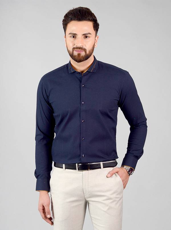 Deep Blue Self Design Slim Fit Party Wear Shirt | Greenfibre