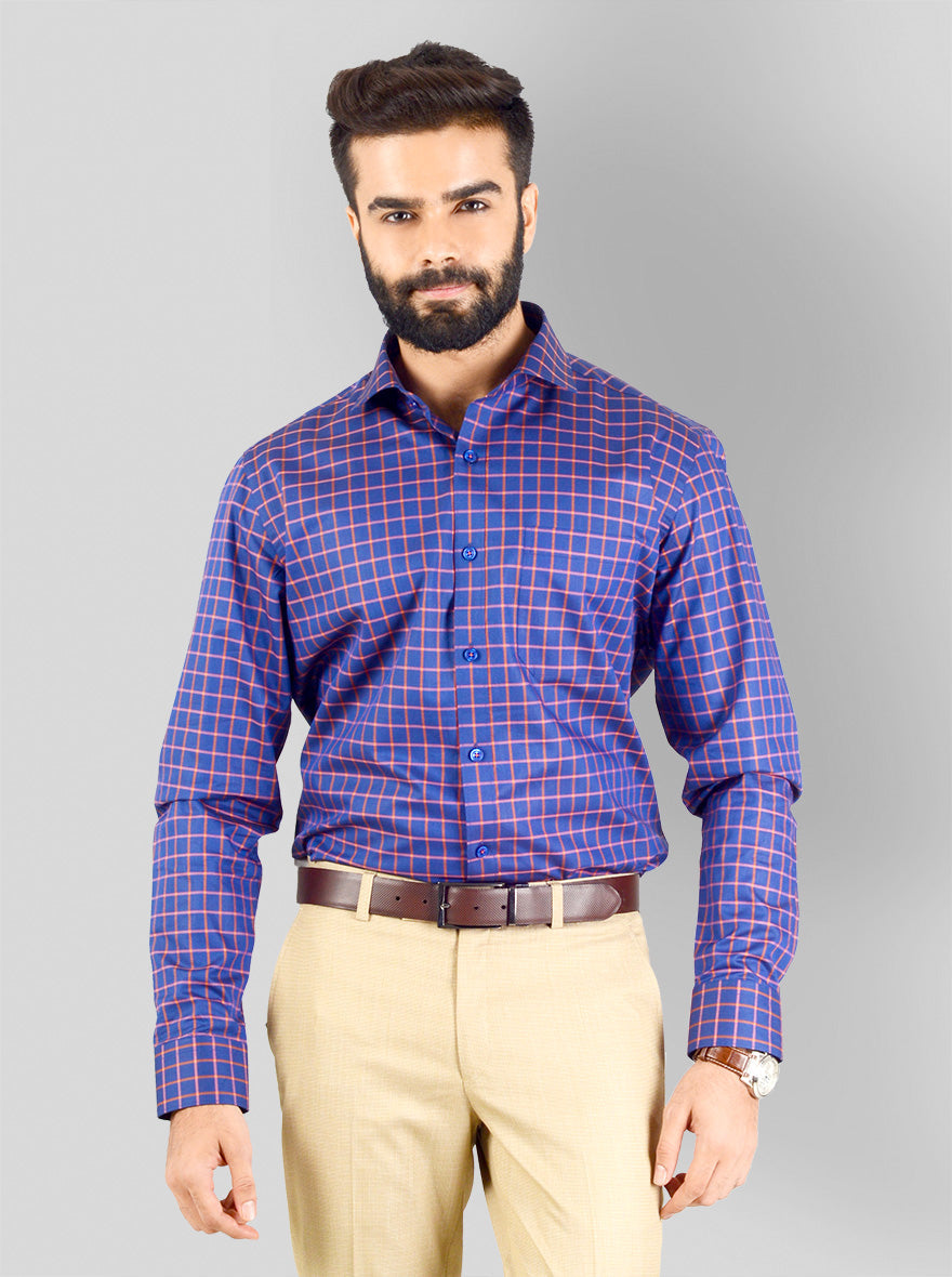 Blue & Orange Checked Slim Fit Evening Wear Shirt | Metal