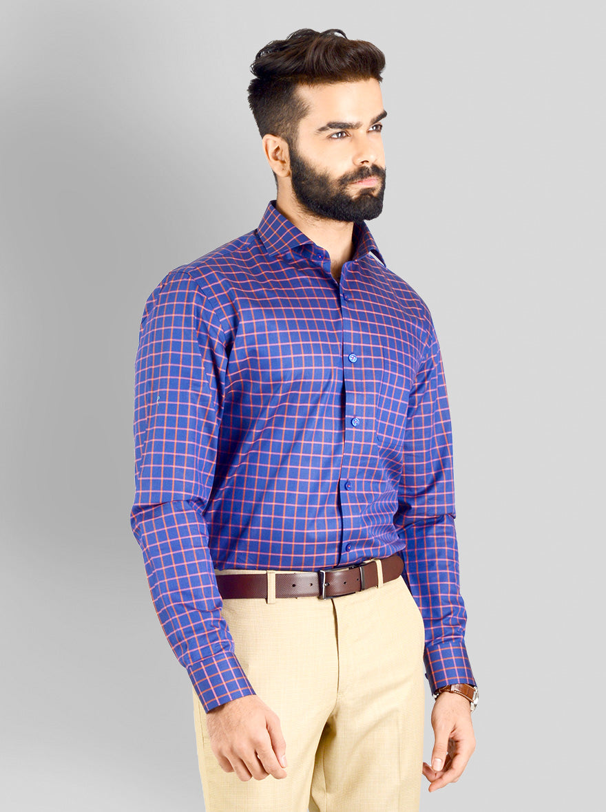 Blue & Orange Checked Slim Fit Evening Wear Shirt | Metal