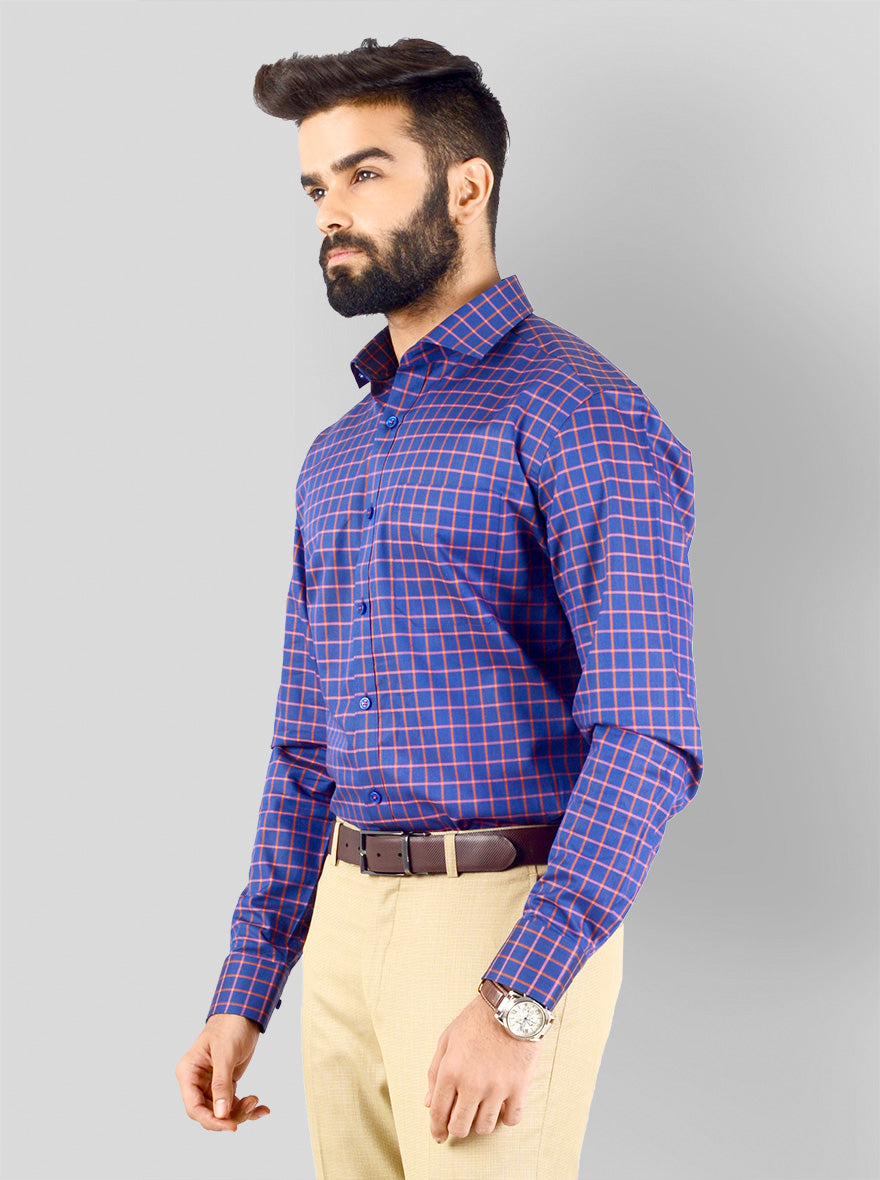 Blue & Orange Checked Slim Fit Evening Wear Shirt | Metal