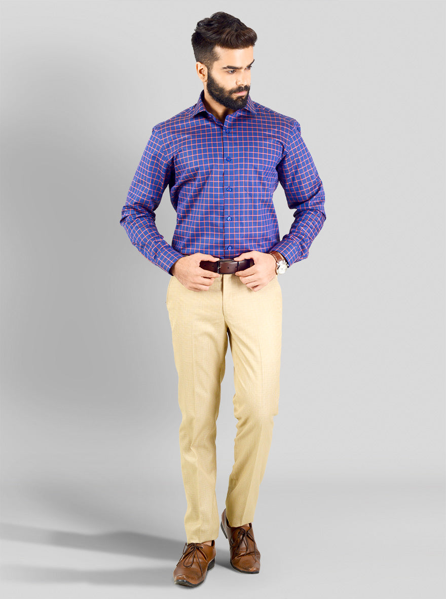 Blue & Orange Checked Slim Fit Evening Wear Shirt | Metal