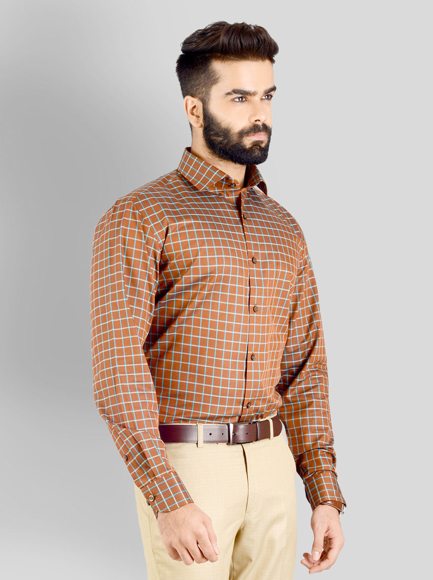 Brown & Light Blue Checked Slim Fit Evening Wear Shirt | Metal