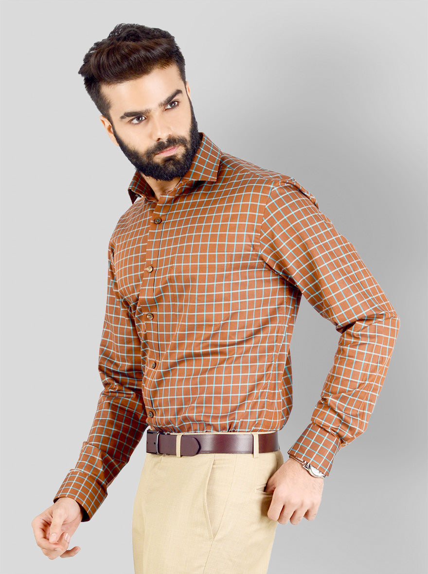 Brown & Light Blue Checked Slim Fit Evening Wear Shirt | Metal