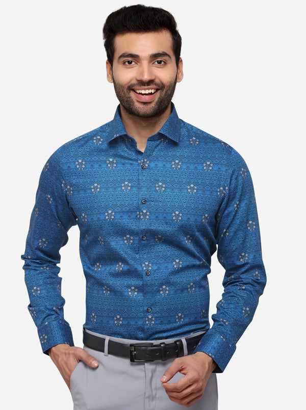 Blue & Grey Printed Slim Fit Party Wear Shirt | Wyre