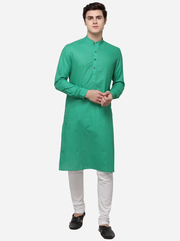 Green Self Textured Regular Fit Modi Kurta | JadeBlue