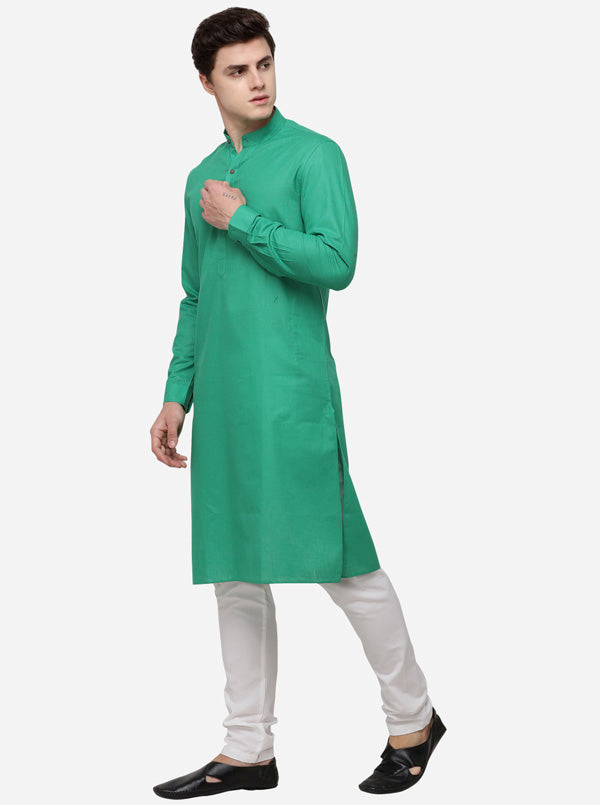 Green Self Textured Regular Fit Modi Kurta | JadeBlue