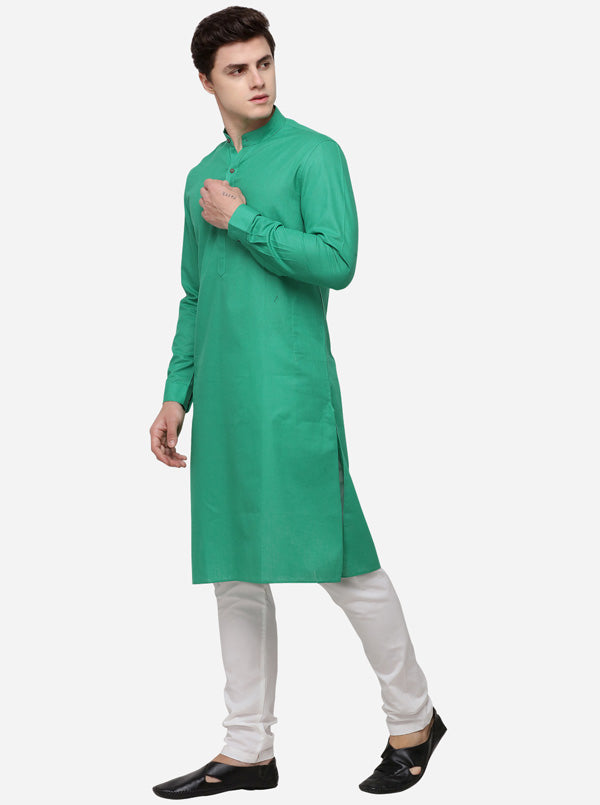 Green Self Textured Regular Fit Modi Kurta | JadeBlue