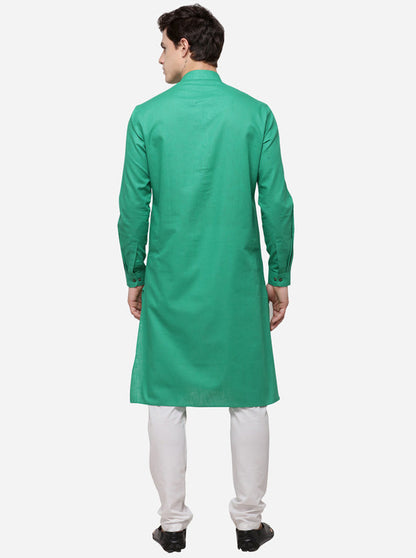 Green Self Textured Regular Fit Modi Kurta | JadeBlue