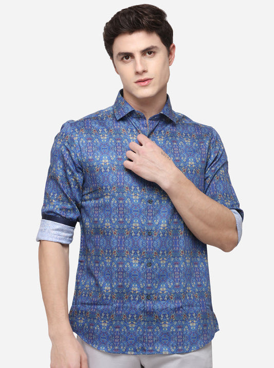 Light Blue Printed Slim Fit Party Wear Shirt | Wyre