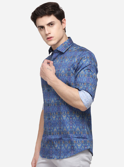 Light Blue Printed Slim Fit Party Wear Shirt | Wyre