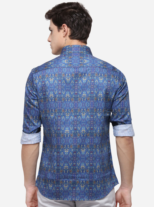 Light Blue Printed Slim Fit Party Wear Shirt | Wyre