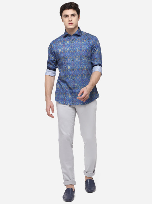 Light Blue Printed Slim Fit Party Wear Shirt | Wyre