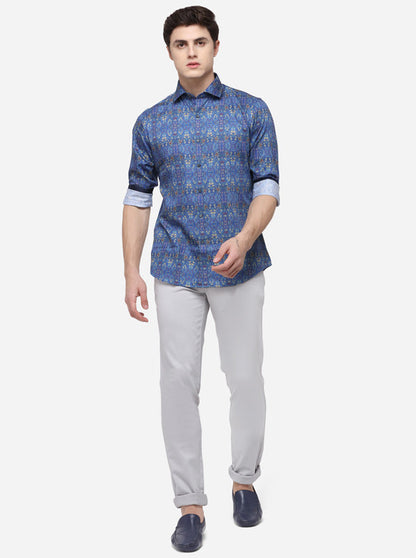 Light Blue Printed Slim Fit Party Wear Shirt | Wyre