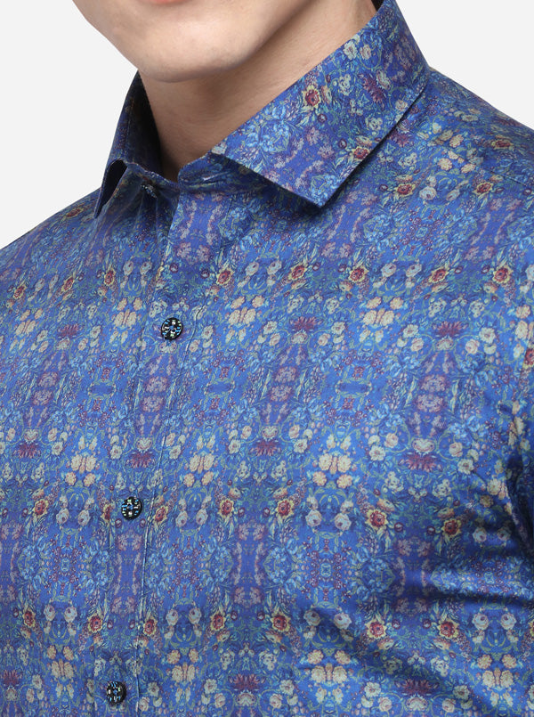 Light Blue Printed Slim Fit Party Wear Shirt | Wyre