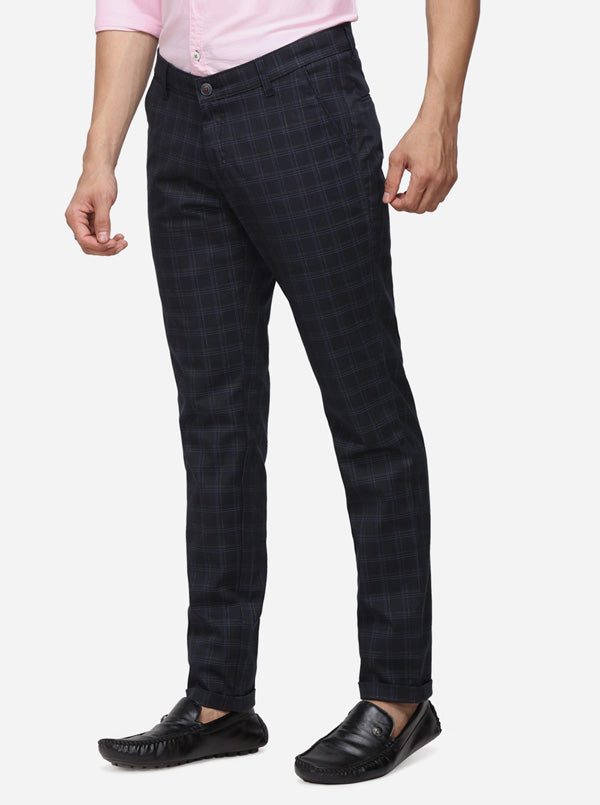 Navy Blue Checked Neo Fit Casual Trouser | Greenfibre