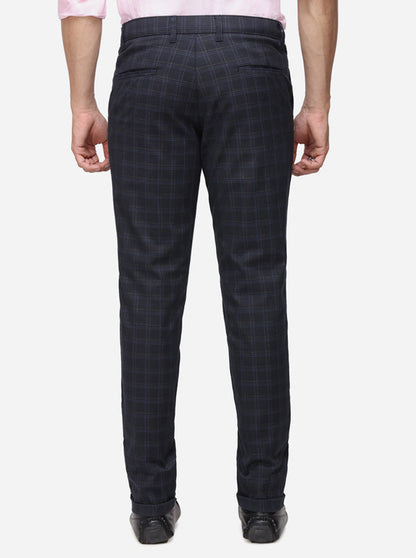 Navy Blue Checked Neo Fit Casual Trouser | Greenfibre