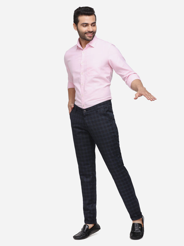 Navy Blue Checked Neo Fit Casual Trouser | Greenfibre