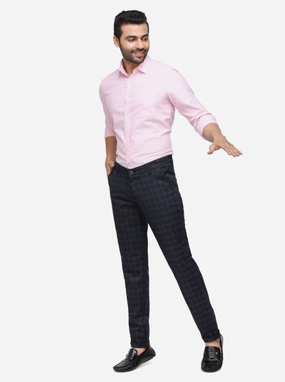 Navy Blue Checked Neo Fit Casual Trouser | Greenfibre