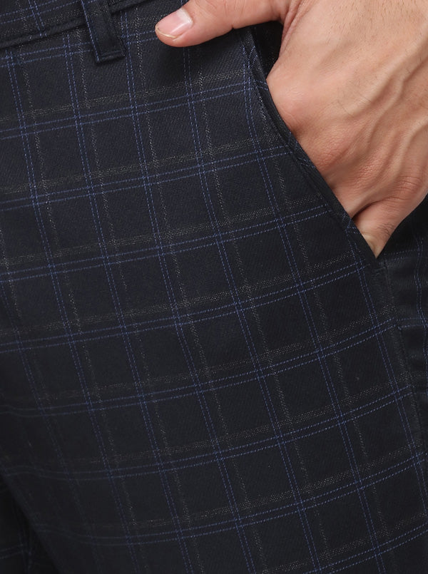 Navy Blue Checked Neo Fit Casual Trouser | Greenfibre