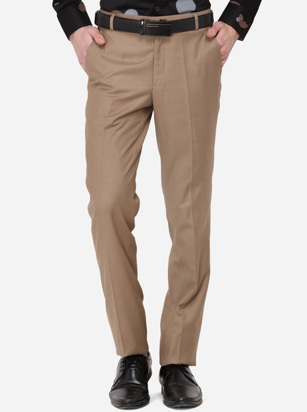 Khaki Solid Slim Fit Formal Trouser | Greenfibre