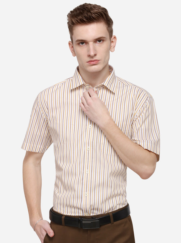 Yellow & Brown Striped Regular Fit Formal Shirt | JadeBlue