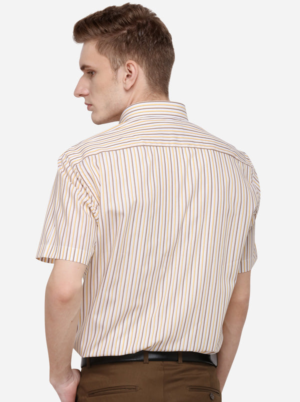 Yellow & Brown Striped Regular Fit Formal Shirt | JadeBlue