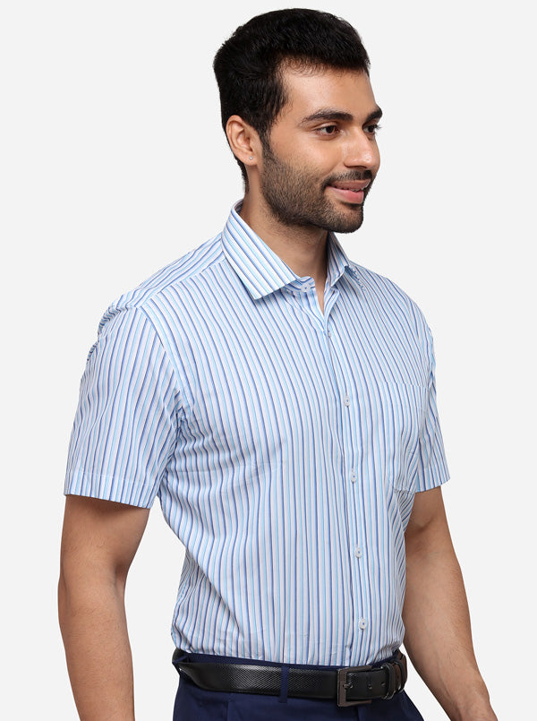 Sky Blue Striped Regular Fit Formal Shirt | JadeBlue