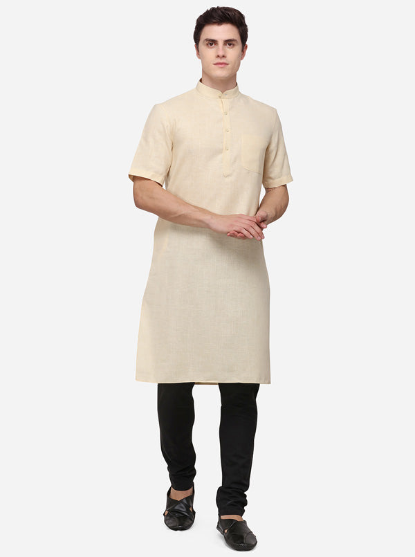 Light Beige Self Textured Regular Fit Modi Kurta | JadeBlue
